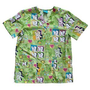 Carebears Womens Scrub Top Front Pockets Multicolor Nostalgic Pop Art 80's Y2K